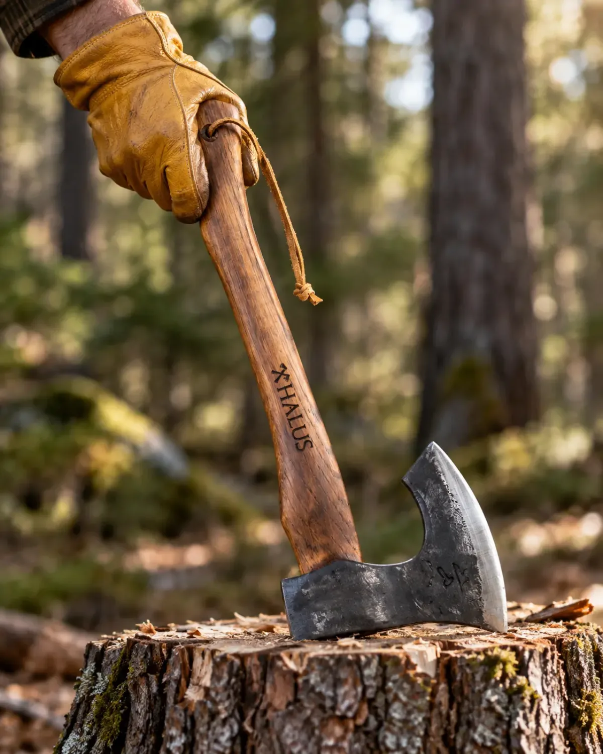 Skägg Bushcraft Axe, struck into a stump in the forest