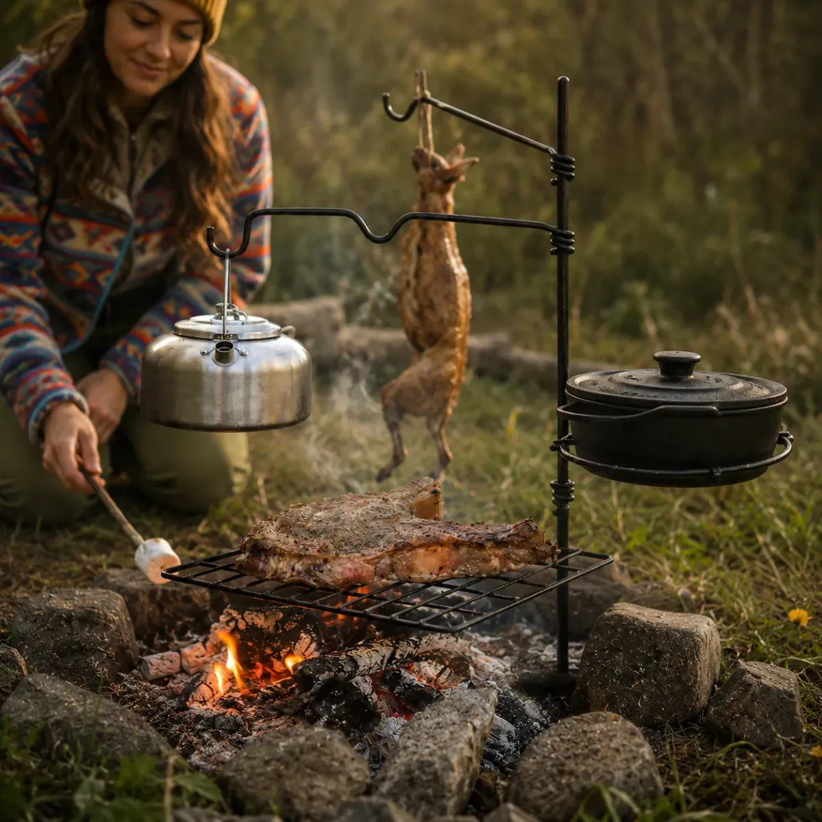 Büyük Akrobat Grill, set up over a fire